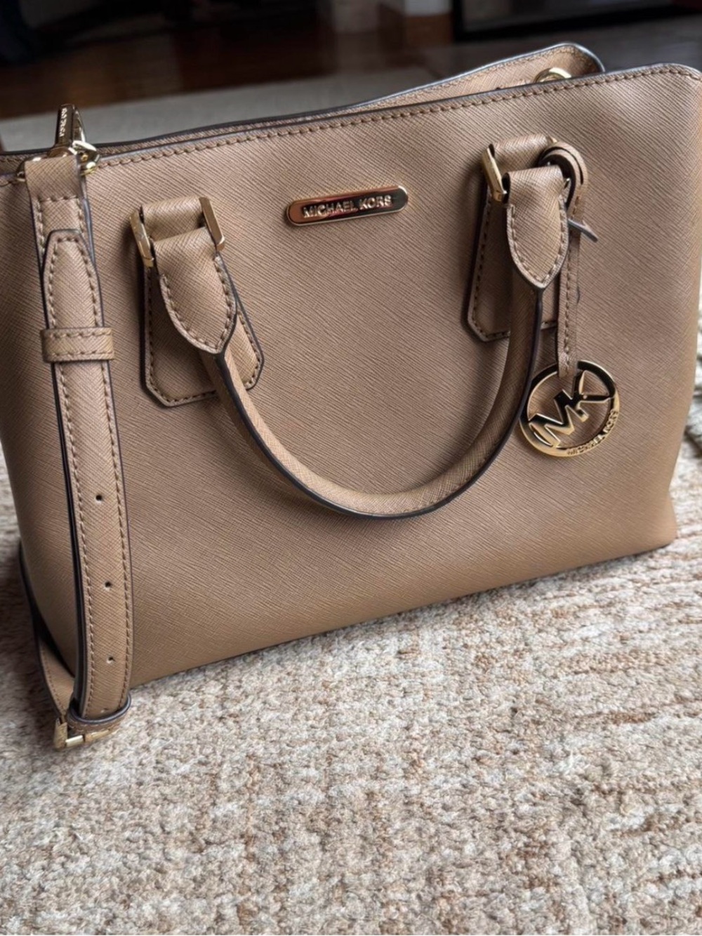 MICHAEL KORS Beige/Tan Saffiano Leather Satchel with Gold Hardware